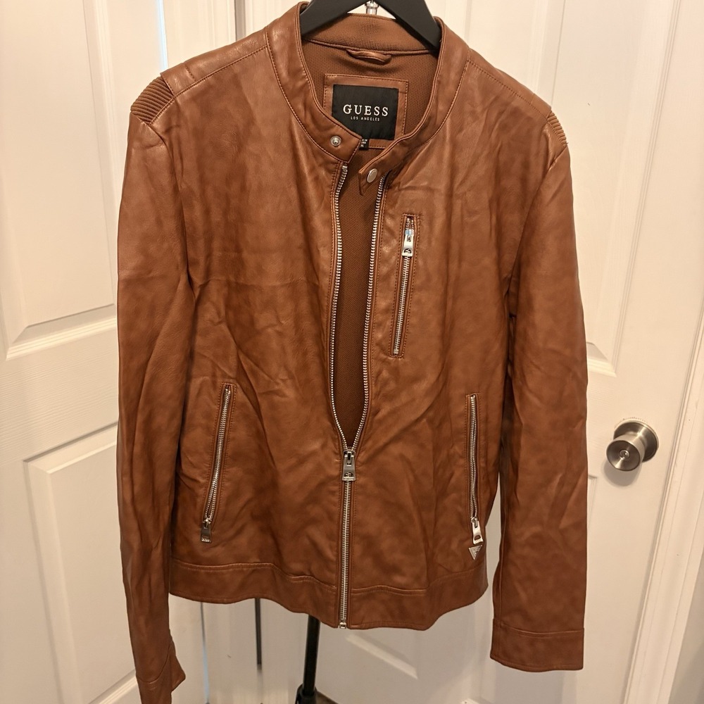 GUESS Men's Faux Leather Moto Jacket Brown Snap Collar Med Flaw See Pics